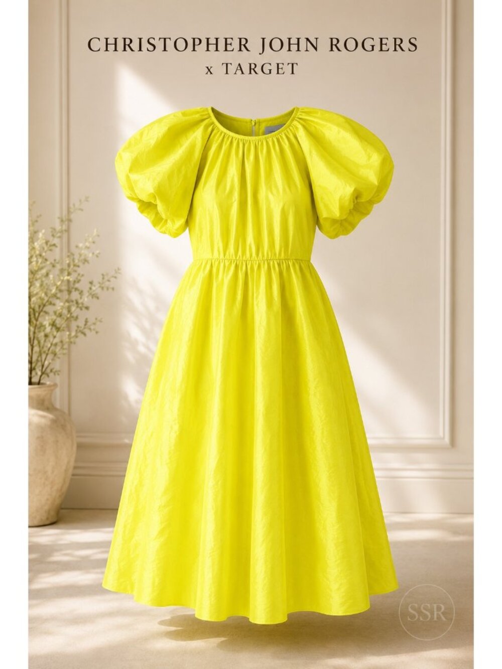 Christopher John Rogers x Target Yellow Puff Sleeve Midi Dress Size L Neon Chart